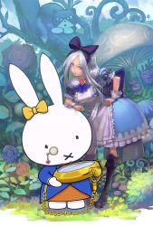 Rule 34 | 1girl, :x, alice (alice in wonderland), alice in wonderland, aro (charged time out), bad id, bad pixiv id, boots, bow, rabbit, cat, cosplay, dress, hair bow, knee boots, miffy, miffy (character), pocket watch, tiger &amp; bunny, watch, white hair, white rabbit (alice in wonderland), white rabbit (cosplay), wrist cuffs