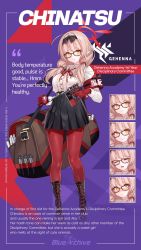 Rule 34 | 1girl, absurdres, ahoge, armband, bag, blue archive, boots, character name, character sheet, chinatsu (blue archive), duffel bag, glasses, gun, halo, handgun, highres, holding, holding gun, holding weapon, mauser c96, mx2j, official art, pantyhose, pink hair, pointy ears, school uniform, solo, twintails, weapon, yellow eyes