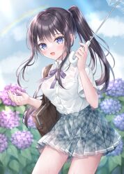 Rule 34 | 1girl, :d, black hair, blue eyes, blue flower, blue sky, blush, bow, breasts, cloud, collared shirt, commentary request, day, dress shirt, flower, grey skirt, highres, holding, holding umbrella, hydrangea, kohinata hoshimi, long hair, looking at viewer, medium breasts, open mouth, original, outdoors, pink flower, plaid, plaid skirt, pleated skirt, ponytail, purple bow, rainbow, school uniform, see-through, shirt, short sleeves, sidelocks, skirt, sky, smile, solo, transparent, transparent umbrella, umbrella, white shirt