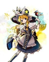 Rule 34 | 1girl, abstract background, absurdres, adapted costume, bag, bird, bird on hand, blonde hair, blue dress, bow, braid, breasts, capelet, commentary request, dress, feet out of frame, hat, hat bow, highres, holding, holding bag, kirisame marisa, long hair, looking to the side, neruzou, parted lips, red eyes, simple background, single braid, small breasts, smile, solo, standing, standing on one leg, star (symbol), touhou, white background, white bow, witch hat, wrist guards, zun (style)