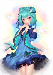 Rule 34 | 1girl, absurdres, aqua hair, bare legs, blue dress, blue sleeves, blush, bug, butterfly, cowboy shot, detached sleeves, dress, hair between eyes, highres, hololive, huusri, insect, layered dress, long hair, long sleeves, looking at viewer, open mouth, orange eyes, shiny skin, short dress, solo, standing, uruha rushia, uruha rushia (1st costume), virtual youtuber, white background, wide sleeves
