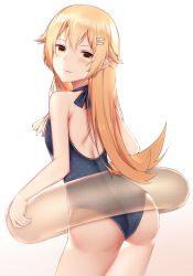 Rule 34 | 1girl, ass, bakemonogatari, bare shoulders, blonde hair, blush, breasts, closed mouth, commentary, english commentary, from behind, hair between eyes, hair ornament, hairclip, halterneck, highres, holding, holding swim ring, innertube, kitsune udon (ai br), long hair, looking at viewer, looking back, monogatari (series), oshino shinobu, pointy ears, polka dot, polka dot swimsuit, simple background, small breasts, smile, smug, solo, standing, swim ring, swimsuit, thighs, white background, yellow eyes