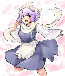 Rule 34 | 1girl, :d, apron, blue eyes, blush, breasts, cropped legs, ginnkei, hat, highres, large breasts, letty whiterock, light purple hair, long sleeves, looking at viewer, open mouth, scarf, short hair, simple background, skirt, smile, solo, touhou, vest, waist apron, white background, white scarf