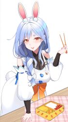 Rule 34 | 1girl, absurdres, animal ear fluff, animal ears, bento, black bodysuit, blue hair, bodysuit, braid, braided ponytail, breasts, chopsticks, dress, egg, highres, holding, holding chopsticks, hololive, kwang xo, large breasts, leaning forward, long hair, long sleeves, looking at viewer, mature female, multicolored hair, open mouth, pekomama, rabbit-shaped pupils, rabbit ears, rabbit girl, red eyes, rice, simple background, smile, solo, standing, streaked hair, symbol-shaped pupils, teeth, thick eyebrows, upper teeth only, virtual youtuber, white background, white dress, white hair