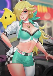 Rule 34 | 1girl, artist name, blonde hair, blue eyes, blurry, blurry background, blush, breasts, choker, cleavage, collarbone, commentary, crown, dated, earrings, gloves, green nails, green shorts, hair over one eye, highres, jewelry, large breasts, lips, long hair, looking at viewer, mario (series), mario kart, mario kart tour, nail polish, navel, necklace, nintendo, outdoors, parted lips, rosalina, sciamano240, shorts, signature, smile, solo, star (symbol), star earrings, super mario galaxy, white choker, white gloves