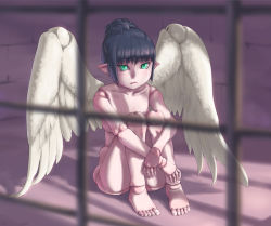Rule 34 | 1girl, bad id, bad pixiv id, blue hair, conjoh, doll joints, green eyes, joints, nude, original, pointy ears, ponytail, sidelocks, sitting, solo, wings