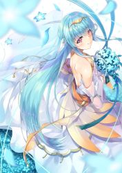 Rule 34 | 1girl, bare shoulders, blue hair, blush, bouquet, bride, dress, elbow gloves, fire emblem, fire emblem: the blazing blade, fire emblem heroes, flower, formal, gloves, hair flower, hair ornament, inoue takuya (tactactak), jewelry, long hair, ninian, nintendo, red eyes, simple background, smile, solo, strapless, strapless dress, veil, wedding, wedding dress, white dress, white gloves