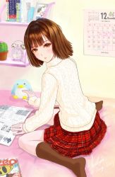 Rule 34 | alarm clock, bed, bed sheet, bedroom, blush, brown eyes, brown hair, brown socks, cactus, calendar (object), clock, harasaki nozomi, highres, kohji, looking at viewer, looking back, medium hair, on bed, parted lips, patterned clothing, plaid, plaid skirt, reading, sega, shenmue, shenmue i, signature, sitting, skirt, socks, studying, stuffed toy, sweater, turtleneck, white sweater