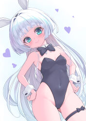 Rule 34 | 1girl, animal ears, bare legs, black bow, black bowtie, black leotard, blue eyes, blunt bangs, bow, bowtie, commentary, covered navel, cowboy shot, detached collar, flower knight girl, gluteal fold, hands on own hips, hatsuyukisou (flower knight girl), highres, kintarou (kintarou&#039;s room), leotard, playboy bunny, rabbit ears, smile, solo, strapless, strapless leotard, thigh strap, white hair, wrist cuffs