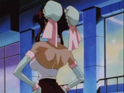 Rule 34 | 1990s (style), 1girl, animated, animated gif, bare shoulders, bouncing breasts, breasts, brooch, brown hair, burn-up, burn-up w, center opening, cleavage, dark skin, dark-skinned female, detached collar, detached sleeves, female focus, halterneck, halterneck, hands on own hips, jewelry, large breasts, nanvel candlestick, no bra, outdoors, retro artstyle, ribbon, shorts, solo, talking, upper body