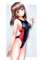Rule 34 | 1girl, brown eyes, brown hair, competition swimsuit, long hair, mashinatsu, one-piece swimsuit, original, reiji-sss, solo, speedo (company), standing, swimsuit