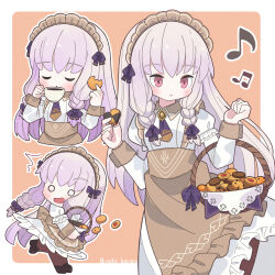 Rule 34 | 1girl, apron, ascot, basket, blank eyes, braid, brown apron, brown footwear, chibi, closed mouth, cookie, cup, fire emblem, fire emblem: three houses, fire emblem heroes, food, highres, holding, holding cookie, holding cup, holding food, long hair, long sleeves, lysithea von ordelia, lysithea von ordelia (tea party), maid headdress, multiple views, nintendo, noto (user dajk3722), official alternate costume, official alternate hairstyle, open mouth, pantyhose, pink eyes, purple hair, purple ribbon, ribbon, shirt, skirt, teacup, twin braids, waist apron, white shirt, white skirt
