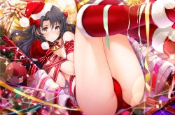 Rule 34 | 1girl, black hair, blush, boots, bow, bra, breasts, brown eyes, choker, christmas, cleavage, collarbone, fed (giba), fur-trimmed boots, fur-trimmed headwear, fur trim, gloves, hair bow, hat, highres, idolmaster, idolmaster million live!, idolmaster million live! theater days, knee boots, lens flare, long hair, lying, on back, panties, red bow, red footwear, red gloves, red hat, red panties, red ribbon, restrained, ribbon, santa hat, small breasts, solo, takayama sayoko, thighs, underwear, white bra