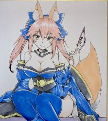 Rule 34 | 1girl, animal ear fluff, animal ears, bare shoulders, blue bow, blue kimono, blue thighhighs, bow, breasts, cleavage, closed mouth, commentary request, detached collar, detached sleeves, eyelashes, fate/extra, fate (series), feet out of frame, fox ears, fox girl, fox tail, graphite (medium), hair between eyes, hair bow, highres, holding, holding paper, japanese clothes, kimono, large breasts, long hair, long sleeves, looking at viewer, obi, paper, photo (medium), pink hair, sash, short kimono, sidelocks, sitting, smile, solo, split ponytail, tail, talisman, tamamo (fate), tamamo no mae (fate/extra), thighhighs, traditional media, white background, wide sleeves, yellow eyes, ystrann