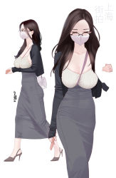 Rule 34 | 1girl, absurdres, bag, between breasts, breasts, brown hair, cleavage, full body, glasses, grey skirt, handbag, high-waist skirt, high heels, highres, hitomi o, holding, holding phone, large breasts, long hair, mask, mouth mask, original, phone, skirt, spaghetti strap, tank top, translation request
