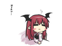 Rule 34 | 1girl, = =, blush stickers, chibi, dress shirt, goma (gomasamune), head rest, head wings, koakuma, long hair, necktie, open mouth, pointy ears, red hair, shirt, smile, solo, touhou, translation request, upper body, wings