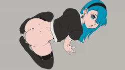 Rule 34 | 1boy, animated, animated gif, ass, blue eyes, blue hair, bottomless, crossdressing, earrings, hair over one eye, jewelry, khindzadza, khindzadza (character), long hair, looking at viewer, male focus, solo, thighhighs, trap
