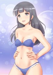 Rule 34 | 1girl, alternate hairstyle, black eyes, black hair, blue background, blue bra, blue panties, blunt bangs, bow, bow bra, bra, breasts, cleavage, collarbone, commentary request, cowboy shot, frilled panties, frills, hair down, hair tie, hands on own hips, highres, kantai collection, kitakami (kancolle), kurumin, lace, lace-trimmed bra, lace trim, lens flare, long hair, looking at viewer, open mouth, panties, sidelocks, small breasts, smile, solo, standing, underwear, underwear only