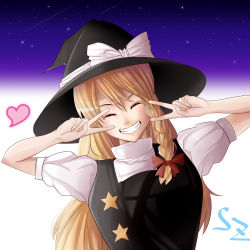 Rule 34 | 1girl, absurdres, black hat, blonde hair, blush, bow, character name, closed eyes, cookie (touhou), double v, eyebrows, facing viewer, hair bow, hat, hat bow, hat ribbon, heart, highres, kirisame marisa, long hair, parted lips, puffy short sleeves, puffy sleeves, red bow, ribbon, sakamochi, short sleeves, smile, solo, suzu (cookie), teeth, touhou, upper body, v, white bow, white ribbon, witch hat
