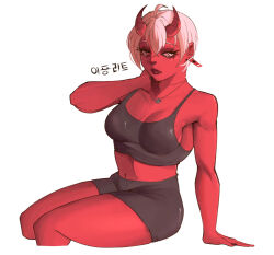Rule 34 | 1girl, absurdres, black bra, black shorts, black tank top, bra, breasts, cleavage, collarbone, colored skin, crop top, demon girl, demon horns, earrings, hair between eyes, highres, horns, invisible chair, jewelry, jobin chan, korean text, large breasts, long hair, looking at viewer, medium breasts, midriff, mole, mole under eye, navel, necklace, oni, original, pink skin, pointy ears, red horns, red oni, red skin, short hair, shorts, simple background, sitting, solo, sports bra, tank top, underwear, white background, white hair