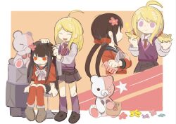 Rule 34 | 2girls, :d, akamatsu kaede, black sailor collar, blush, border, brown background, brown footwear, comb, danganronpa (series), danganronpa v3: killing harmony, flower, full body, hair flower, hair ornament, hair scrunchie, happy, harukawa maki, holding, holding comb, looking at another, low twintails, monophanie, multiple girls, ningyo no mori, open mouth, over-kneehighs, pink eyes, pink flower, pink vest, pout, purple vest, red background, red scrunchie, red shirt, red thighhighs, sailor collar, scrunchie, shirt, shoes, smile, standing, star (symbol), teeth, thighhighs, twintails, two-tone vest, upper teeth only, vest, white border