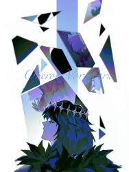 Rule 34 | 1boy, black hair, broken glass, cape, crown, diamond hairband, fate/grand order, fate (series), fur-trimmed cape, fur trim, glass, glass shards, highres, looking at viewer, looking back, male focus, medium hair, no wings, oberon (fate), oberon (third ascension) (fate), profile, reflection, simple background, solo, upper body, u~o sushi (12345678q10 ), white background