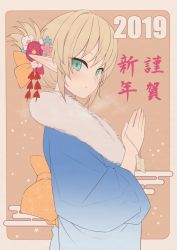Rule 34 | 1girl, 2019, aegis (takunomi), blonde hair, blue kimono, charm (object), commentary request, elf, closed eyes, flower, from side, fur collar, green eyes, hair flower, hair ornament, hair up, highres, japanese clothes, kimono, looking at viewer, new year, original, own hands together, pointy ears, simple background, smile, solo, takunomi, unmoving pattern