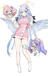 Rule 34 | 3girls, angel wings, blue archive, blue eyes, blue hair, blue wings, blush, boots, braid, breasts, brown eyes, buttons, chainsaw, closed mouth, dress, fang, feathered wings, feathers, full body, green eyes, halo, hanae (blue archive), hat, highres, holding, holding chainsaw, holding syringe, large breasts, long hair, mine (blue archive), multiple girls, nemo (leafnight), nurse cap, one eye closed, one side up, open mouth, pink dress, pink hair, pink halo, pink headwear, pointy ears, purple hair, serina (blue archive), serina (nurse) (blue archive), short sleeves, simple background, skin fang, smile, syringe, twin braids, twintails, very long hair, white background, white footwear, wings, yellow halo