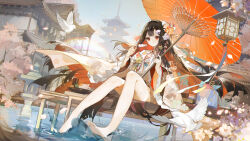 Rule 34 | absurdres, bare legs, barefoot, benghuai xueyuan, bird, black hair, character request, closed mouth, dango, flower, food, hair flower, hair ornament, highres, holding, holding food, honkai (series), japanese clothes, long hair, long sleeves, multicolored hair, oil-paper umbrella, pleated skirt, red eyes, red hair, ruoganzhao, sitting, skirt, smile, solo, straight hair, umbrella, wagashi, wide sleeves