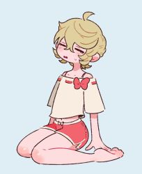 Rule 34 | 1girl, blonde hair, blush, bow, dolphin shorts, closed eyes, hair between eyes, iccoco, light blue background, midriff, navel, off-shoulder shirt, off shoulder, original, parted lips, red bow, red ribbon, red shorts, ribbon, ribbon trim, seiza, shirt, shorts, simple background, sitting, solo, sweatdrop, white shirt