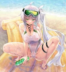 Rule 34 | 1girl, absurdres, ahoge, air mattress, barefoot, bikini, breasts, cameltoe, cleavage, commission, competition swimsuit, covered erect nipples, feet, green eyes, grey hair, hair ornament, highres, indie virtual youtuber, kiyama satoshi, large breasts, legs, long hair, looking at viewer, lotion, micro bikini, no shoes, one-piece swimsuit, rimuchi (vtuber), side ponytail, skeb commission, smile, solo, spread legs, squatting, swimsuit, tiptoes, toenails, toes, tongue, tongue out, virtual youtuber, white one-piece swimsuit