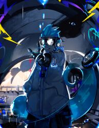 Rule 34 | 1boy, arknights, backlighting, black gloves, black pantyhose, blue hair, chameleon tail, commentary, ethan (arknights), furry, furry male, gloves, goggles, grey jacket, grin, hands in pockets, highres, jacket, looking at viewer, male focus, marusan159, outdoors, outstretched hand, pantyhose, reptile boy, smile, solo, tail, upper body