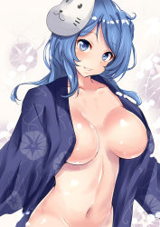 Rule 34 | 10s, 1girl, absurdres, blue eyes, blue hair, breasts, groin, highres, japanese clothes, kantai collection, kimono, large breasts, looking at viewer, mask, matching hair/eyes, naked kimono, navel, open clothes, open kimono, out-of-frame censoring, sankakusui, short hair, smile, solo, urakaze (kancolle)