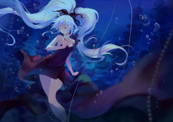 Rule 34 | 1girl, air bubble, arm at side, black dress, blurry, bubble, closed mouth, collarbone, criin (659503), dark, depth of field, dress, floating, floating hair, frills, glowing, hair ornament, holding strap, long hair, ocean, original, shinkai shoujo (vocaloid), sleeveless, sleeveless dress, smile, solo, tears, twintails, underwater, very long hair, vocaloid, white hair