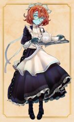 Rule 34 | 1girl, absurdres, apron, black footwear, blue eyes, blue skin, blush, closed mouth, colored skin, cup, fate/grand order, fate (series), fingernails, glasses, grey headwear, highres, holding, holding tray, looking at viewer, maid, maid apron, orange hair, plate, round eyewear, shimogamo (shimomo 12), solo, teacup, teapot, tray, van gogh (fate), van gogh (second ascension) (fate)