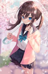 Rule 34 | 1girl, :o, absurdres, black sailor collar, black skirt, blue bow, blue bowtie, blue eyes, blush, bow, bowtie, brown hair, cardigan, cherry blossoms, commentary request, day, highres, holding, holding own hair, holding umbrella, huion, long hair, long sleeves, looking at viewer, open cardigan, open clothes, outdoors, petals, pink cardigan, playing with own hair, pleated skirt, sailor collar, school uniform, serafuku, shirt, sidelocks, sinobi illust, skirt, solo, standing, transparent, transparent umbrella, twintails, umbrella, white shirt