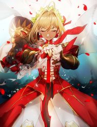 Rule 34 | 10s, 1girl, aestus estus, ahoge, armor, blonde hair, closed eyes, closed mouth, dress, fate/extra, fate/grand order, fate (series), hair intakes, highres, laurel crown, nero claudius (fate), nero claudius (fate) (all), nero claudius (fate/extra), no-kan, pauldrons, petals, red dress, red petals, rose petals, shoulder armor, solo