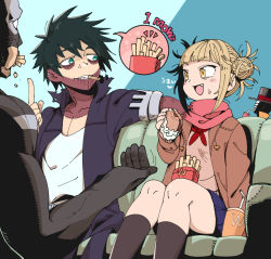 Rule 34 | 1girl, 3boys, :d, bags under eyes, black bodysuit, black hair, blonde hair, blue eyes, blue skirt, blunt bangs, bodysuit, boku no hero academia, bubaigawara jin, burger, burn scar, cardigan, cheek piercing, closed mouth, coat, cup, dabi (boku no hero academia), disposable cup, double bun, drinking straw, eating, facial hair, fang, food, food in mouth, french fries, georugu13, grin, hair bun, hair up, hat, holding, holding food, jacket, mask, messy hair, mr. compress, multiple boys, neckerchief, open clothes, open jacket, open mouth, piercing, pink scarf, pleated skirt, red neckerchief, scar, scarf, school uniform, shirt, short hair, sitting, skirt, smile, staple, stitches, stubble, teeth, toga himiko, top hat, white mask, white shirt, winter clothes, winter coat, yellow eyes
