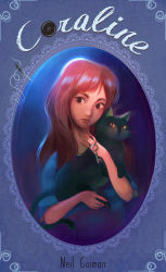 Rule 34 | 2girls, animal, artist name, buttons, cat, celiarts, copyright name, coraline, coraline jones, highres, holding, holding animal, holding cat, key, key necklace, long hair, looking to the side, multiple girls, necklace, needle, red hair, thread
