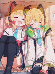 Rule 34 | 2girls, animal ear headphones, animal ears, black shorts, black thighhighs, blonde hair, blue archive, blue necktie, blush, cat tail, collared shirt, drooling, fake animal ears, headphones, highres, jacket, long sleeves, midori (blue archive), mikumiku37, momoi (blue archive), multiple girls, necktie, open clothes, open jacket, open mouth, parted lips, shirt, short hair, shorts, siblings, sisters, sleeping, smile, tail, thighhighs, twins, white jacket, white shirt