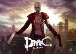 Rule 34 | 1boy, black coat, black gloves, blue eyes, city, cloud, cloudy sky, coat, collarbone, dante (dmc: devil may cry), day, devil may cry (series), dmc: devil may cry, dual wielding, english text, fingerless gloves, fingernails, gloves, gun, handgun, holding, holding gun, holding weapon, jewelry, kikira, male focus, necklace, outdoors, parted lips, pistol, signature, silhouette, sky, smile, solo, standing, weapon, white hair