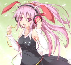 Rule 34 | 1girl, :d, alternate costume, animal ears, arms up, bad id, bad pixiv id, bare shoulders, black dress, blush, contemporary, detached sleeves, digital media player, dress, efe, female focus, hair ribbon, headphones, listening to music, long hair, object in clothes, open mouth, pink eyes, pink hair, ponytail, purple eyes, purple hair, rabbit ears, rabbit girl, rabbit tail, reisen udongein inaba, ribbon, smile, solo, tail, touhou, upper body