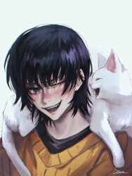 Rule 34 | 1girl, animal, animal on shoulder, black shirt, cat, cat on shoulder, chainsaw man, crambon (chainsaw man), highres, looking at another, mitaka asa, one eye closed, open mouth, shirt, simple background, smile, staryoruu, sweater, white background, yellow sweater