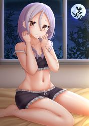 Rule 34 | 1girl, bare arms, bare shoulders, barefoot, bed sheet, black shorts, blush, braid, breasts, brown eyes, cleavage, closed mouth, commentary, female focus, frilled shorts, frills, full moon, hair between eyes, hair over shoulder, hands up, highres, indoors, kazenokaze, looking at viewer, low twintails, moon, navel, night, night sky, parted bangs, purple hair, short shorts, shorts, sitting, sky, small breasts, smile, solo, soredemo ayumu wa yosetekuru, star (sky), starry sky, strap slip, twin braids, twintails, underwear, underwear only, wariza, yaotome urushi