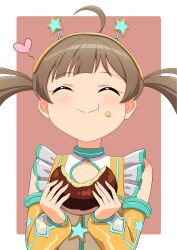 Rule 34 | 1girl, absurdres, ahoge, bare shoulders, blush, bread, brown hair, chocolate bread, clothing cutout, detached sleeves, dress, eating, food, food on face, frilled dress, frills, grid background, hair ornament, hairband, hakozaki serika, happy, heart, highres, holding, holding food, idolmaster, idolmaster million live!, idolmaster million live! theater days, kasabutap, long hair, multicolored clothes, multicolored dress, outside border, pink background, simple background, smile, solo, star (symbol), twintails, two-tone background, white background, yellow sleeves