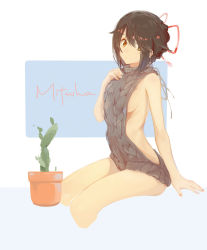 Rule 34 | 10s, 1girl, bad id, bad pixiv id, black hair, breasts, brown eyes, cactus, character name, commentary request, cropped legs, hair between eyes, hair ribbon, hana mori, hand on own chest, highres, kimi no na wa., medium breasts, meme attire, miyamizu mitsuha, multicolored nails, nail polish, naked sweater, plant, potted plant, red ribbon, ribbon, short hair, sideboob, sitting, solo, sweater, virgin killer sweater