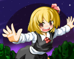 Rule 34 | 1girl, ascot, bad id, bad pixiv id, blonde hair, blush, dress shirt, fang, female focus, gradient background, hair ribbon, long sleeves, looking at viewer, masima sima, open hands, open mouth, outstretched arms, red eyes, ribbon, rumia, shirt, short hair, skirt, sky, smile, solo, star (sky), starry sky, teeth, touhou, tree, upper body, vest