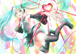 Rule 34 | 1girl, black skirt, black sleeves, black thighhighs, blue eyes, blue hair, collared shirt, detached sleeves, floating hair, full body, grey shirt, hair between eyes, hatsune miku, headphones, holding, holding microphone, kusumoto miya, long hair, long sleeves, looking at viewer, microphone, miniskirt, outstretched arm, outstretched hand, pleated skirt, shirt, skirt, sleeveless, sleeveless shirt, solo, thighhighs, twintails, very long hair, vocaloid, wing collar, zettai ryouiki