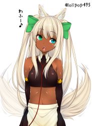 Rule 34 | 1girl, absurdres, animal ears, arms behind back, bare shoulders, blue eyes, bow, cowboy shot, dark-skinned female, dark skin, detached sleeves, fangs, fox ears, fox tail, green eyes, hair bow, hetero, heterochromia, highres, kiyomin, long hair, maid, musical note, navel, open mouth, original, shiny skin, solo, tail, tail wagging, twitter username, two side up, white background
