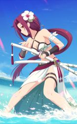 Rule 34 | 1girl, bandaged arm, bandages, bare legs, bare shoulders, blue sky, breasts, bridal gauntlets, closed mouth, collarbone, commentary, dress, eyelashes, fighting stance, floral background, flower, forehead, hair flower, hair ornament, highres, holding, holding sword, holding weapon, ishida seito, katana, legs together, long hair, looking at viewer, looking to the side, medium breasts, multiple weapons, o-ring, o-ring top, ocean, outdoors, petals, ponytail, princess connect!, rainbow gradient, ready to draw, red hair, ruka (princess connect!), ruka (summer) (princess connect!), sky, smile, solo, sparkle, splashing, standing, sword, thigh strap, v-shaped eyebrows, wading, water, weapon, white dress, yellow eyes